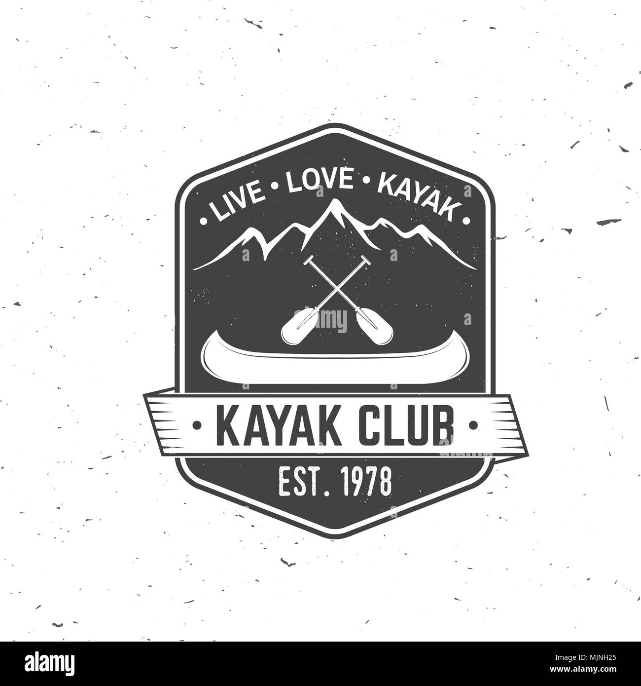 Kayak Club. Live, amore, kayak. Illustrazione Vettoriale. Concetto di t-shirt, stampare il timbro o il raccordo a t. Vintage design tipografia con la montagna, pale e barca Illustrazione Vettoriale