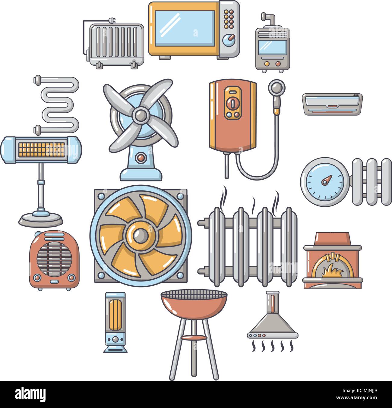 Riscaldare aria fredda strumenti set di icone, stile cartoon Illustrazione Vettoriale