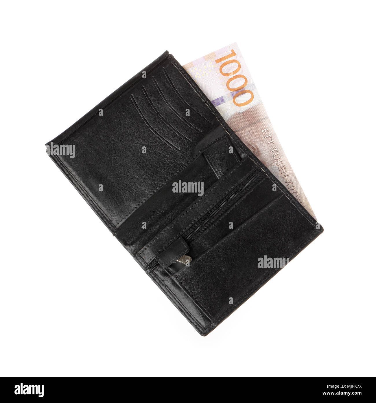 Un portafoglio nero contenente uno 1000 Swedish krona banconota isolati su sfondo bianco. Foto Stock