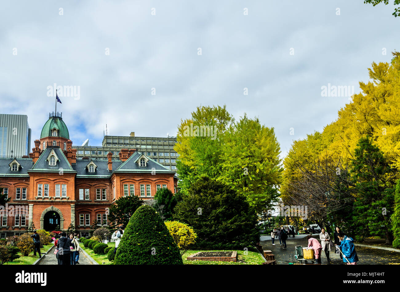 Sapporo Vecchio Municipio durante l'autunno. Alberi che circondano l'edificio cambia in autunno a colori e di dare a questa famosa località turistica hotspot un bellissimo aspetto. Foto Stock