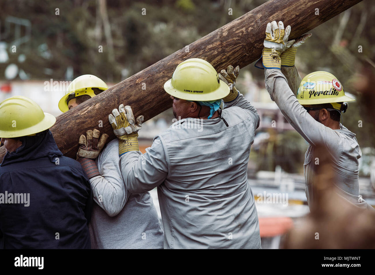 Puerto Rico Electric Power Authority è l'ente pubblico responsabile del servizio elettrico in tutto il paese. Il 27 dicembre 2017, gli equipaggi trasportano e sollevano i pali elettrici a mano a Manatí, dove l'accesso ai camion era limitato, consentendo il ripristino dell'energia a circa 50 famiglie dopo l'uragano Maria. Questa immagine di archivio registra la ricostruzione manuale della griglia in una zona di emergenza. Foto Stock
