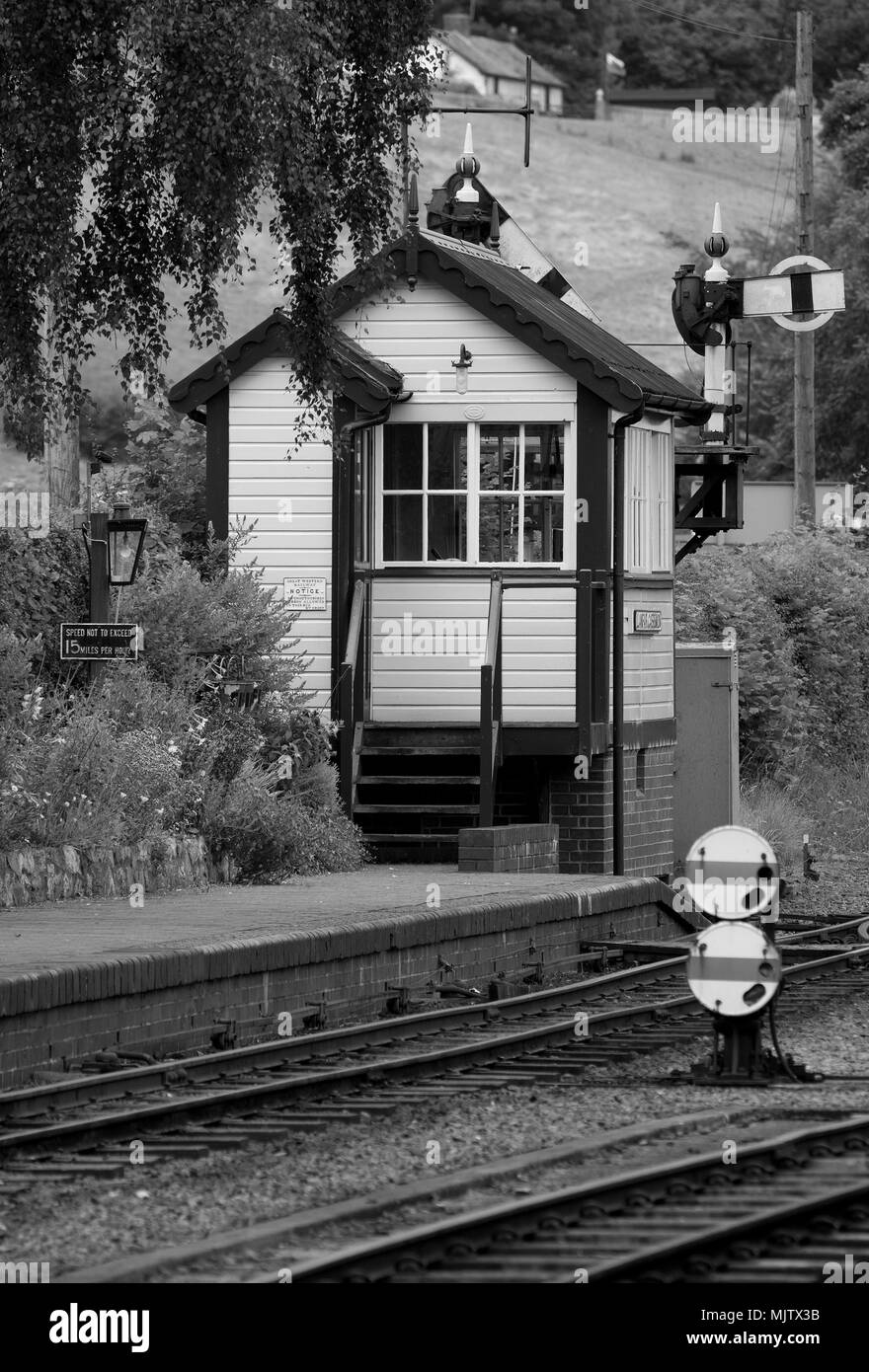 Welshpool e Llanfair Light Railway casella segnale a Llanfair Caereinion,Powys Foto Stock