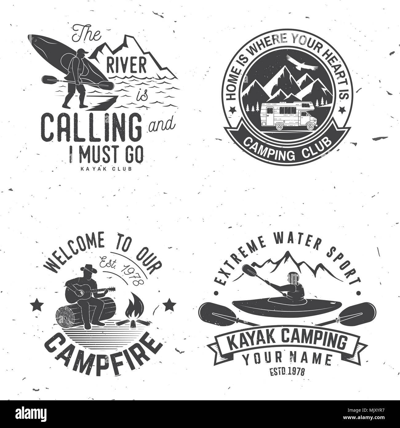 Set di kayak, campeggio e caravaning club badge. Illustrazione Vettoriale. Concetto di t-shirt, stampare il timbro o il raccordo a t. Vintage design tipografia con la montagna Illustrazione Vettoriale