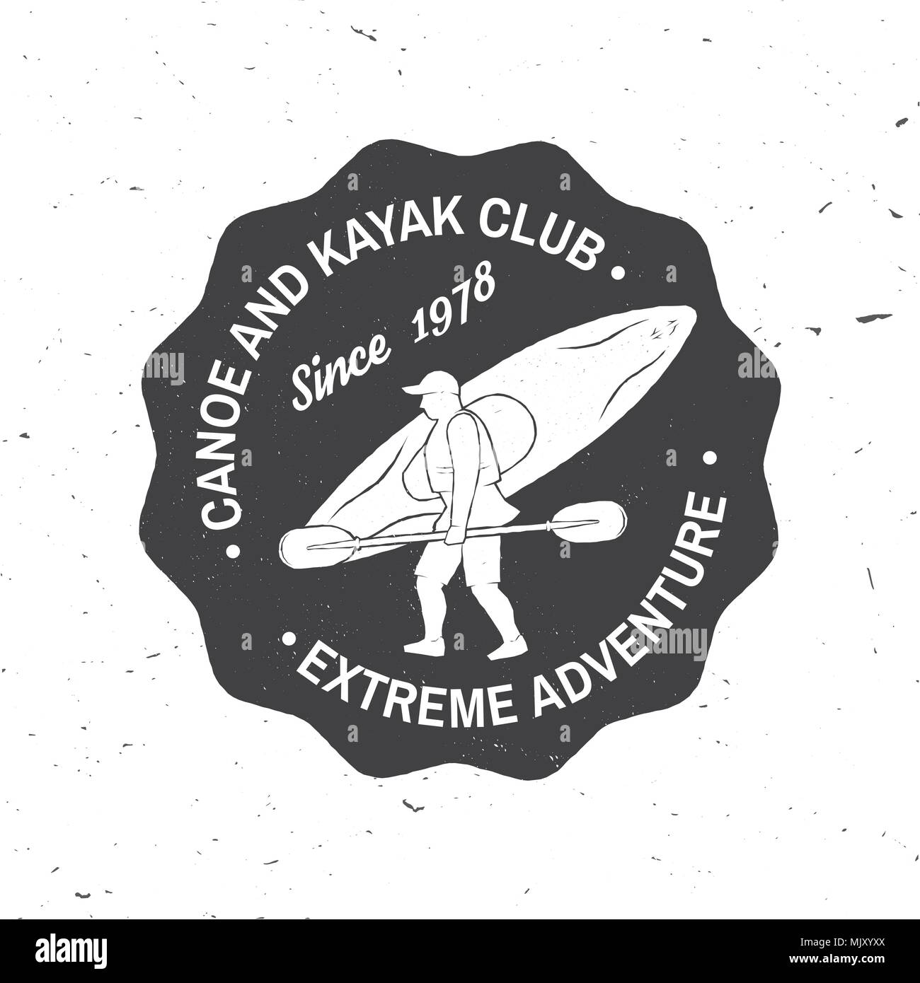 Canoa e Kayak club badge. Illustrazione Vettoriale. Concetto di t-shirt, stampare il timbro o il raccordo a t. Vintage design tipografia con silhouette di kayaker. Extreme wa Illustrazione Vettoriale