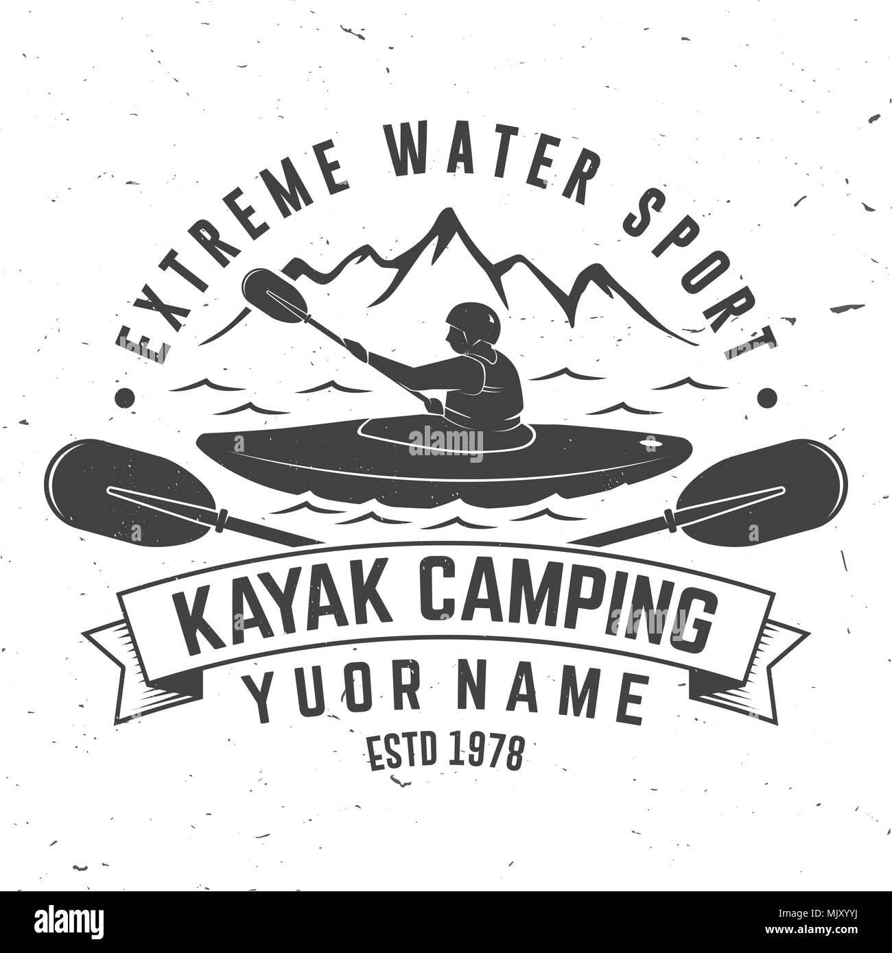 Kayak camping. Illustrazione Vettoriale. Concetto di t-shirt, stampare il timbro o il raccordo a t. Vintage design tipografia con la montagna e silhouette di kayaker. Extreme wa Illustrazione Vettoriale