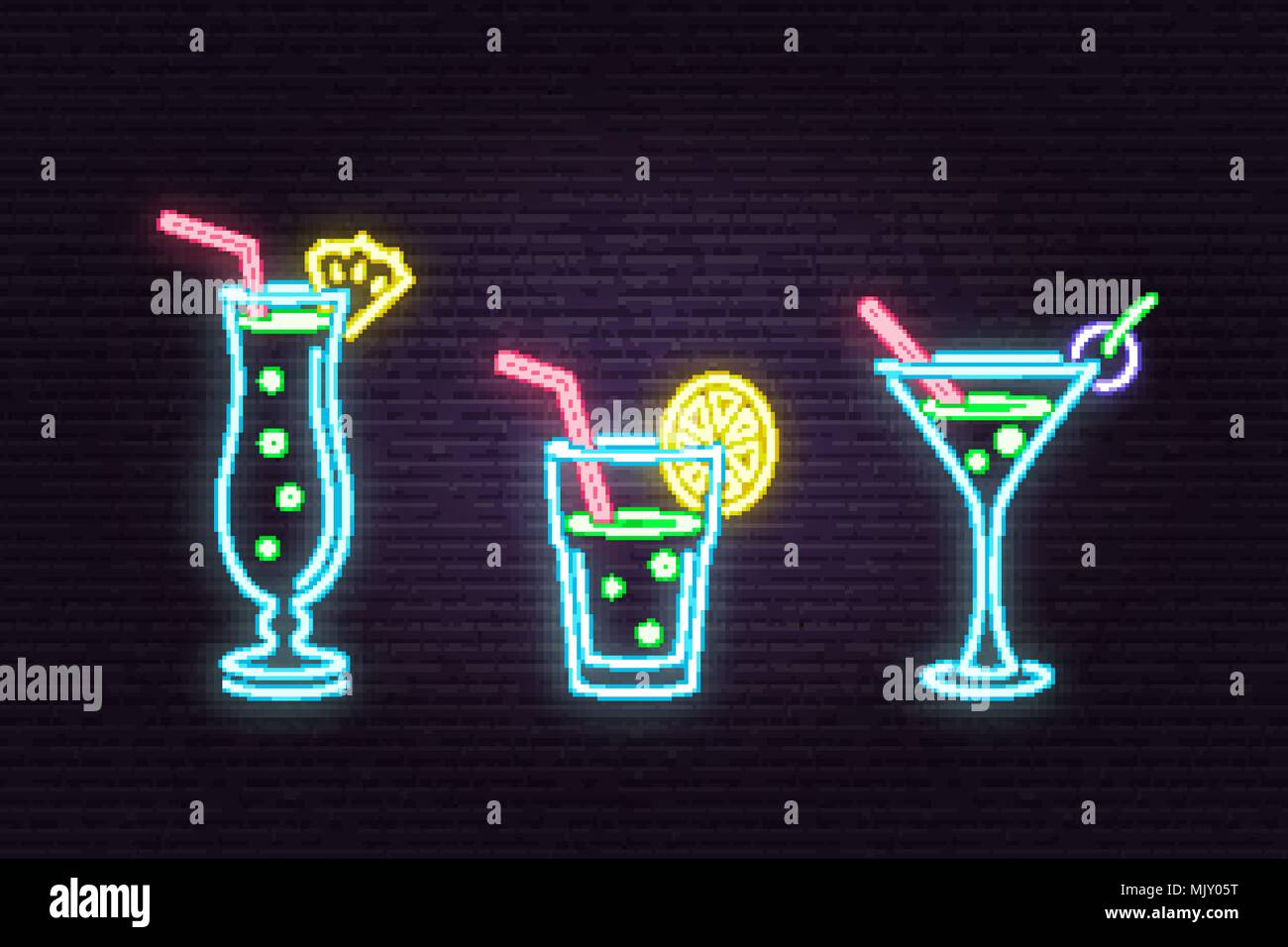 Serie di cocktail emblema al neon. Illustrazione Vettoriale. Insegna al neon per banner, affissioni, promozione o pubblicità. Gli elementi sul tema del ristorante Illustrazione Vettoriale