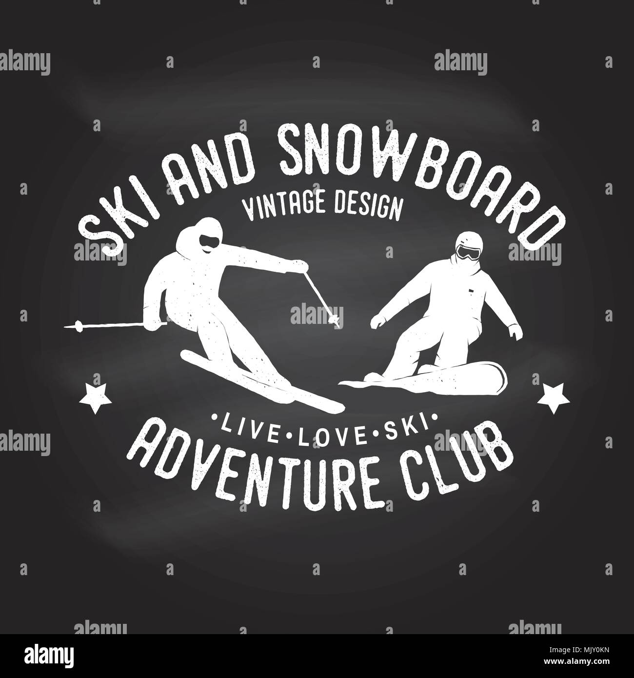Sci e Snowboard Club. Vettore. Concetto di camicia, Stampa, Timbro, badge o il raccordo a t. Vintage design tipografia con snowboarder e sciatori silhouette. Inverno Illustrazione Vettoriale