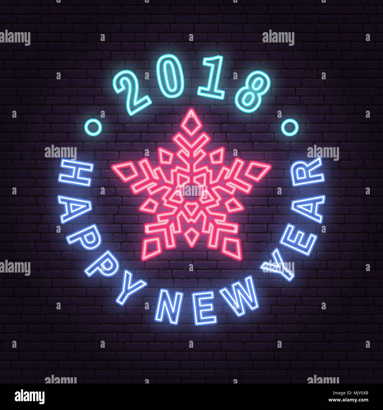 Felice Anno Nuovo 2018 neon emblema con il simbolo del fiocco di neve. Illustrazione Vettoriale. Insegna al neon per banner, affissioni, promozione o pubblicità. Illustrazione Vettoriale