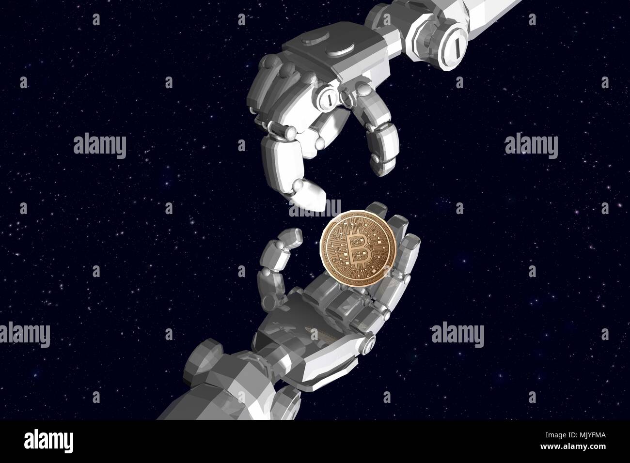 3D rendering , Robot mani bitcoin inviare ad altri robot a mano con sfondo cielo dello spazio. Foto Stock