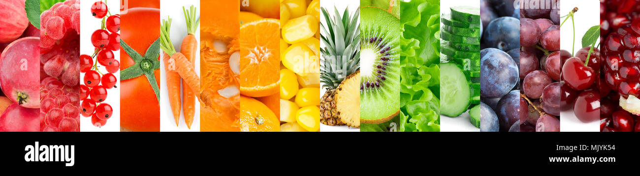 Raccolta di frutta e verdura. Sfondo di colore fresco il cibo Foto Stock