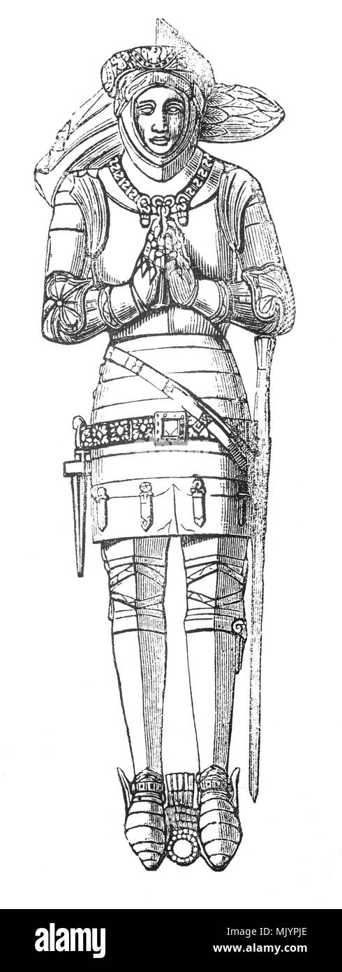 L'effige di Sir Robert Goushill (1350-1403) nella chiesa parrocchiale di San Michele a Hoveringham, Nottinghamshire, Inghilterra. Mentre lottano per Enrico IV nella battaglia di Shrewesbury (21 luglio 1403) fu gravemente ferito e poi a tradimento pugnalato a morte dal suo servo. Foto Stock