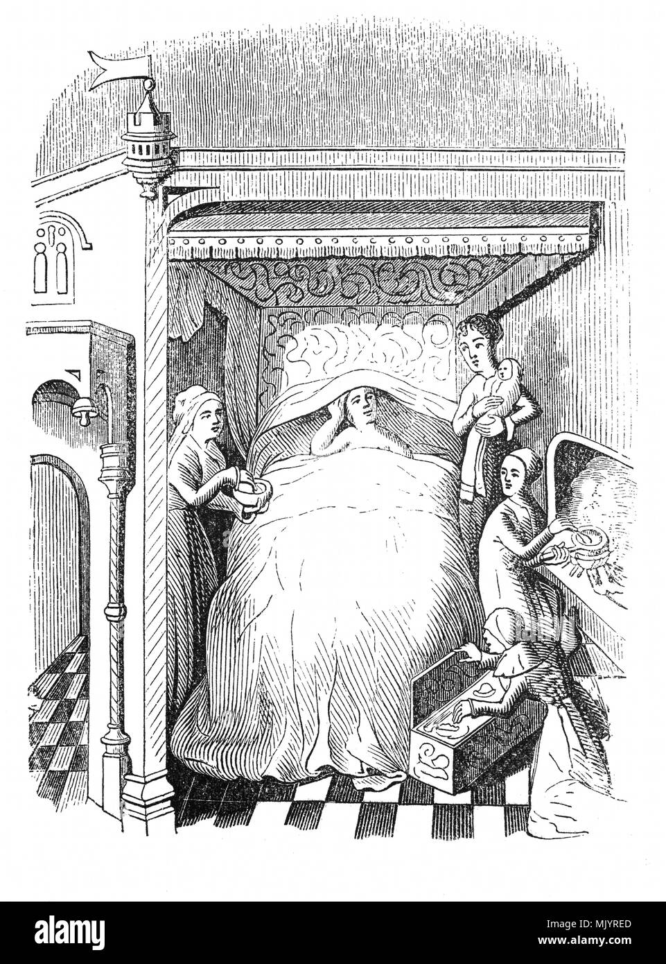 Un XV - XVI secolo camera da letto in cui il letto è stata un occasione per mostrare lo stato. Probabilmente appartenente a una ricca famiglia, grande e suggestivo, spesso incrostati di oro o di gioielli e riccamente intagliato, letti espansi molto al di là di una semplice piattaforma durante il Medioevo. Tipicamente fatte di legno pesante, i letti dei ricchi sono state sollevate alte dal pavimento, a volte così elevata che una stepstool era necessario per raggiungerli. Nota le molte donne in attesa e le infermiere con un bambino, eventualmente dopo il parto. Foto Stock