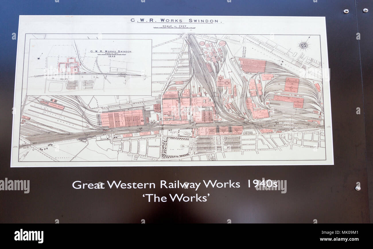 Public display del vecchio e storico immagini sulle opere di GWR, Swindon, Wiltshire, Inghilterra, Regno Unito Great Western Railway opere mappa 1940s Foto Stock