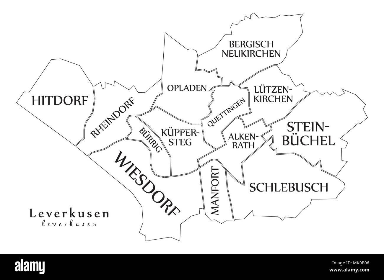 Città moderna mappa - Leverkusen città della Germania con comuni e titoli DE mappa di contorno Illustrazione Vettoriale