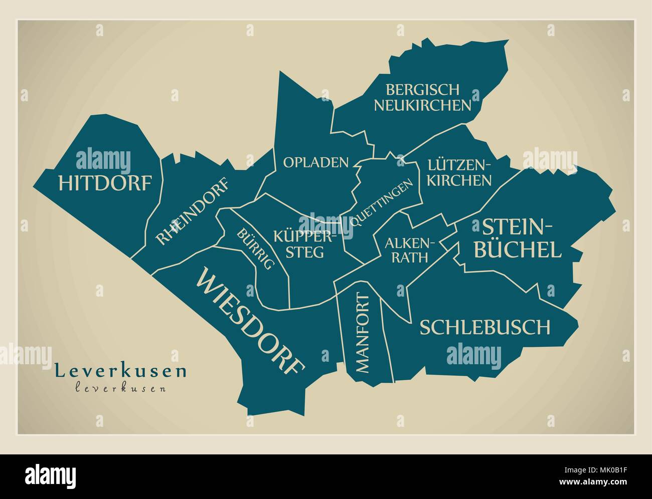 Città moderna mappa - Leverkusen città della Germania con comuni e titoli DE Illustrazione Vettoriale
