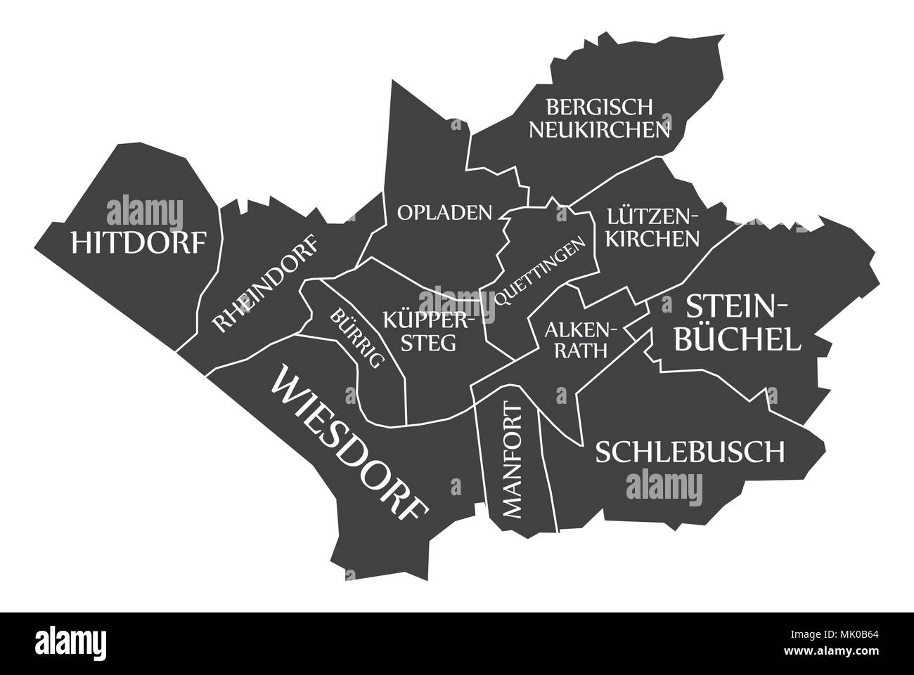 Leverkusen city map Germania DE etichettati illustrazione nero Illustrazione Vettoriale