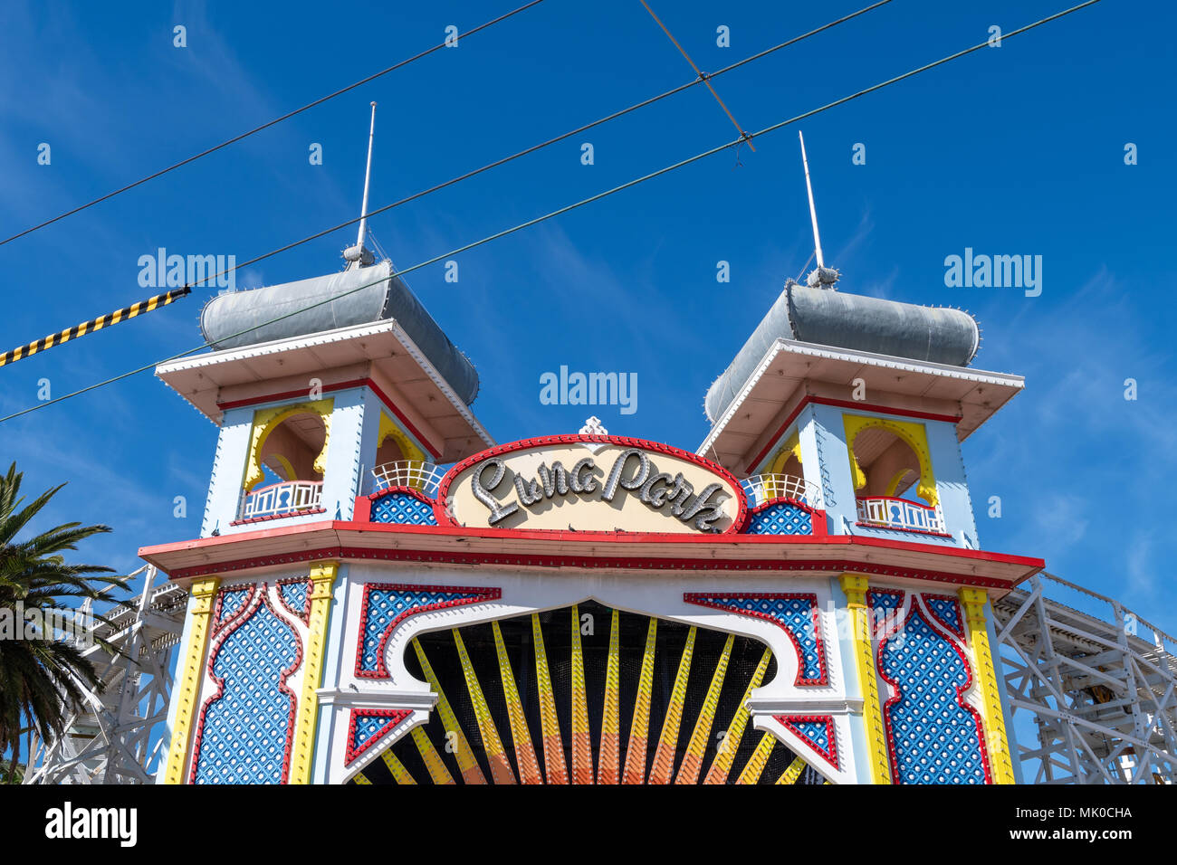 Ingresso principale del Luna Park area divertimenti in St Kilda, Mellbourne, Australia Foto Stock