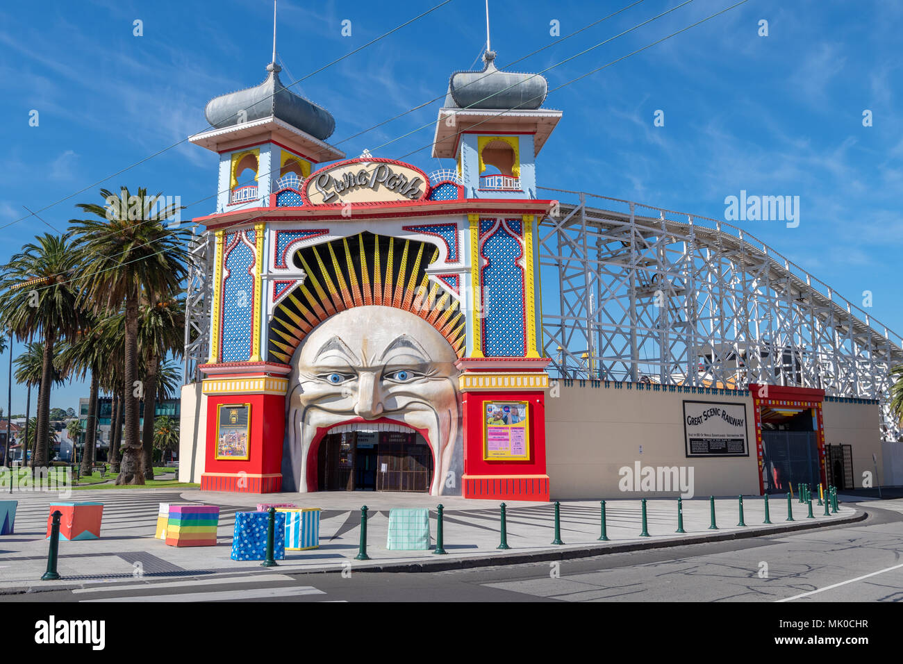 Il Luna Park parco dei divertimenti di ingresso in St Kilda, Melbourne, Australia Foto Stock