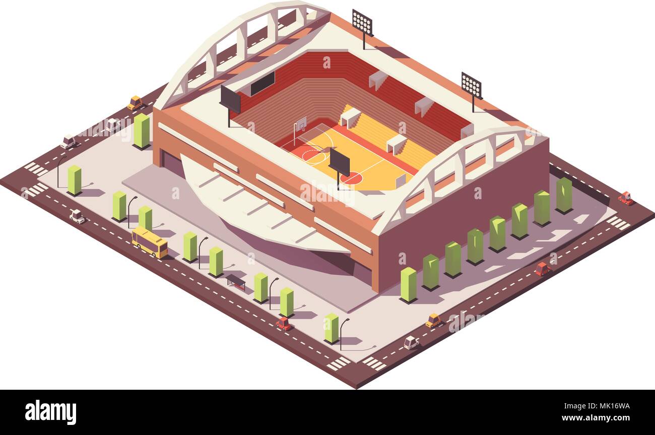 Vettore bassa isometrica poli basketball stadium Illustrazione Vettoriale