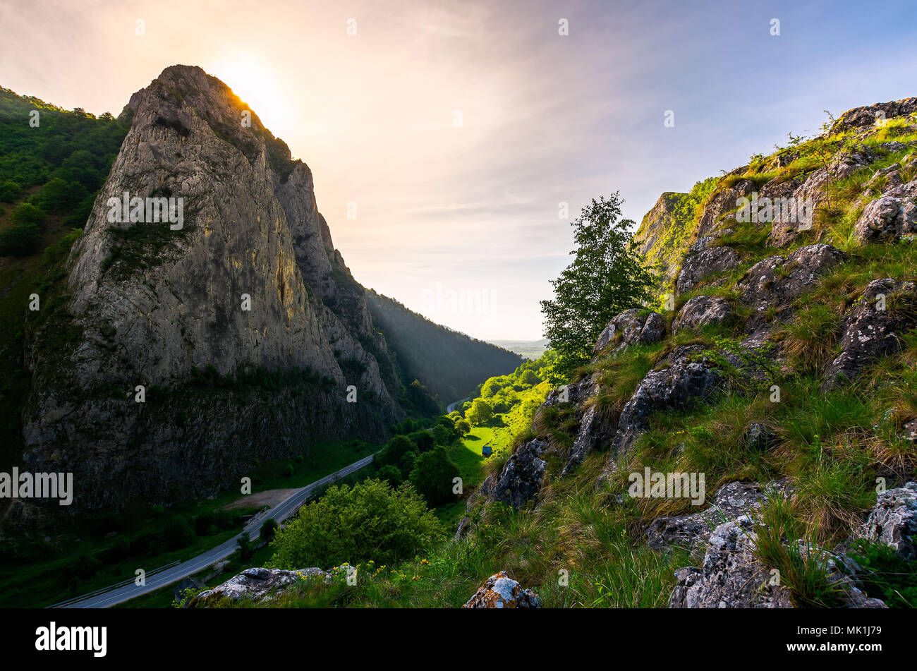 Strada nel Canyon di montagne Trascau al mattino. incantevole scenario del paesaggio dei Carpazi in primavera. bella destinazione di viaggio. Ubicazione Cheil Foto Stock