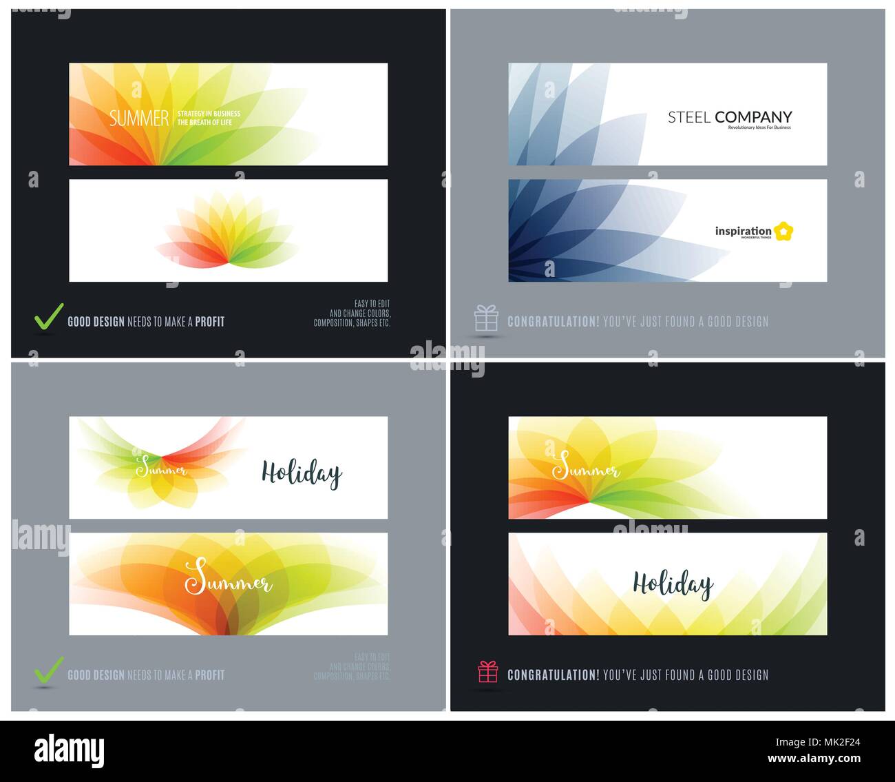 Vettore astratto set di sito web orizzontale banner con fiori colorati e forme astratte per il web design. Illustrazione Vettoriale