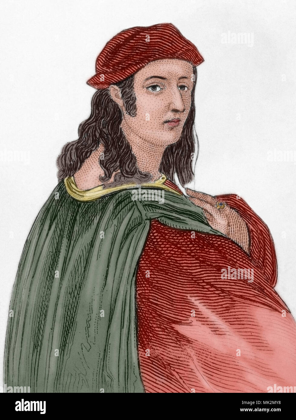 Raffaello, Raffaello Sanzio da Urbino (Urbino, 1483-Roma, 1520). Artista italiano del rinascimento. Incisione. Colorazione successiva. Foto Stock
