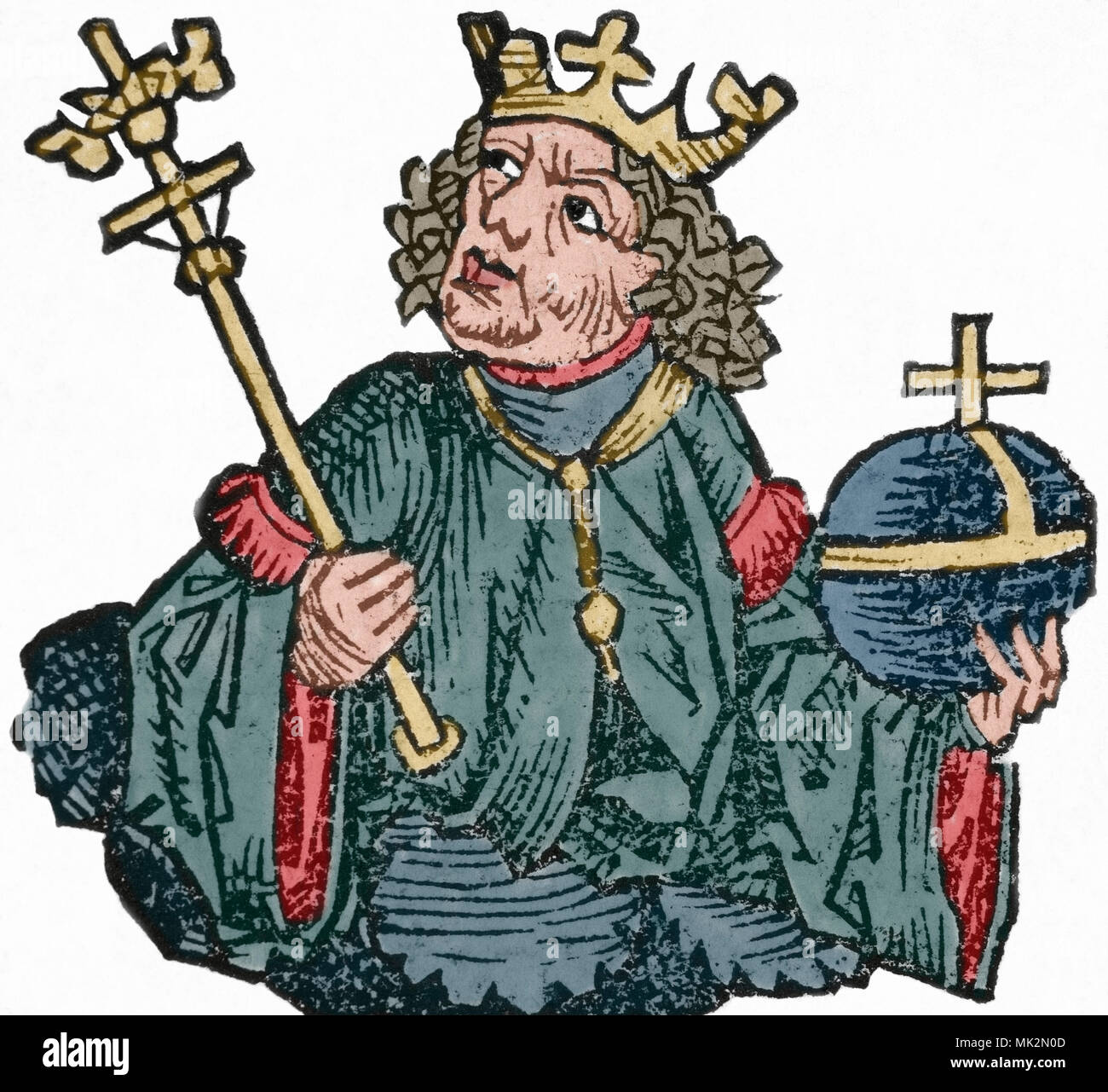 Carlo II di Napoli (1254-1309), noto anche come Carlo lo zoppo. Re di Napoli, Conte di Provenza e Forcalquier (1285-1309), il principe di Achaea (1285-1289) e Conte di Angiò e Maine (1285-1290). Egli era il figlio di Carlo I d'Angiò e Beatrice di Provenza. Incisione del XVI secolo. Colorazione successiva. Foto Stock