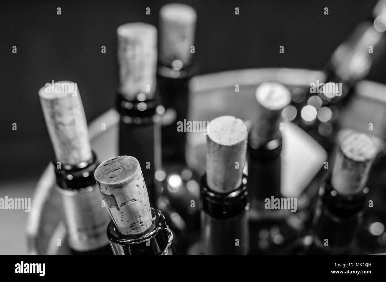 Dettaglio di diverse bottiglie di vino in un secchiello per il ghiaccio Foto Stock