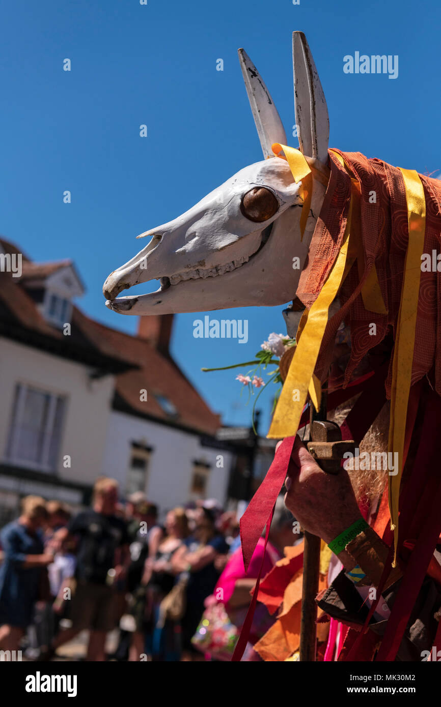 Cranio di cavalli utilizzati in un folk dance, UK. Testa di cavallo Upton su Severn folk festival. Foto Stock