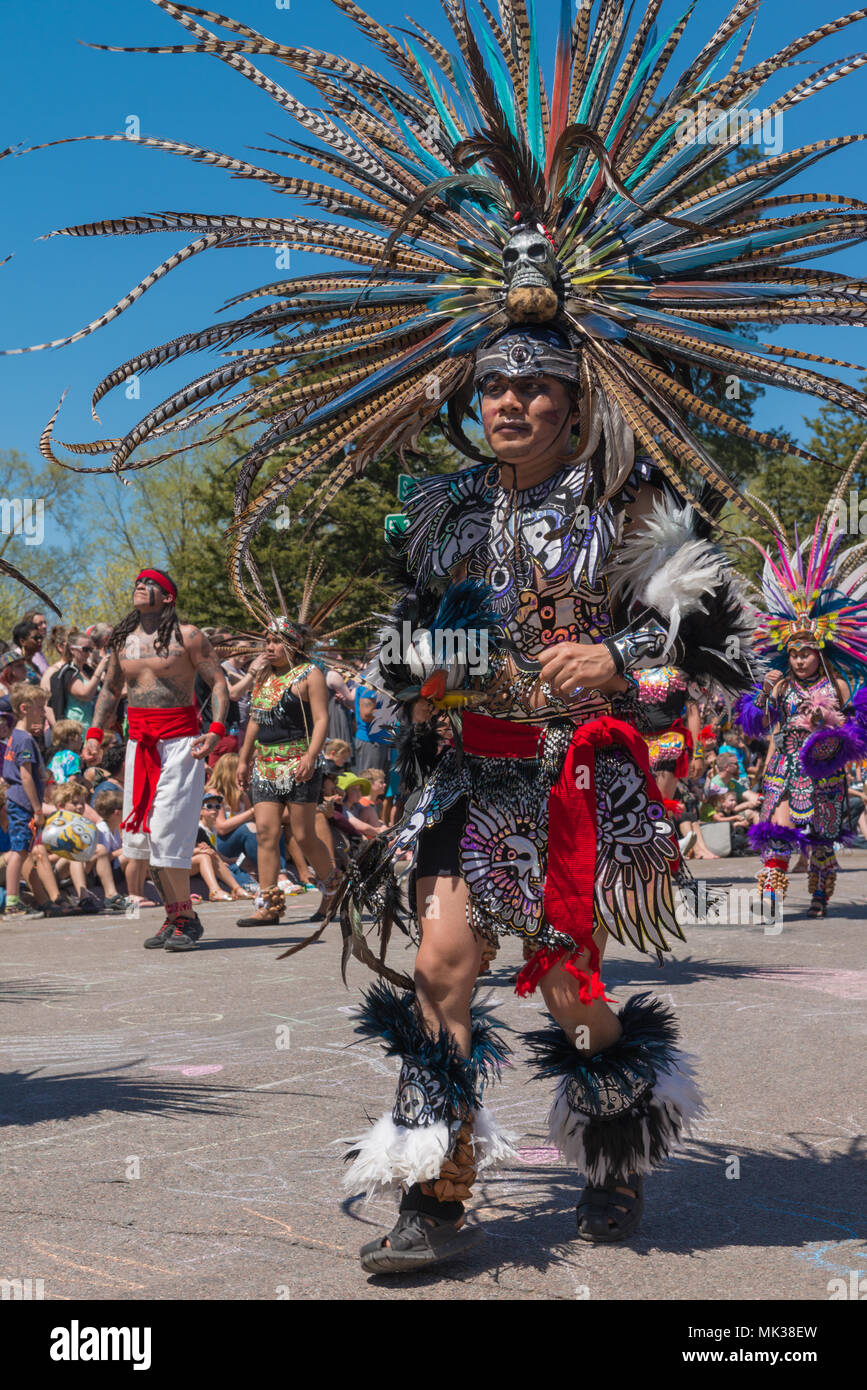 MINNEAPOLIS - 6 Maggio 2018: un uomo nel tradizionale abito azteca balli in Minneapolis' può annuale parata del giorno. Organizzato da nel cuore della bestia burattino e teatro di maschera, la sfilata, cerimonia e festival è nella sua quarantaquattresima anno. Credito: Nicholas Neufeld/Alamy Live News Foto Stock