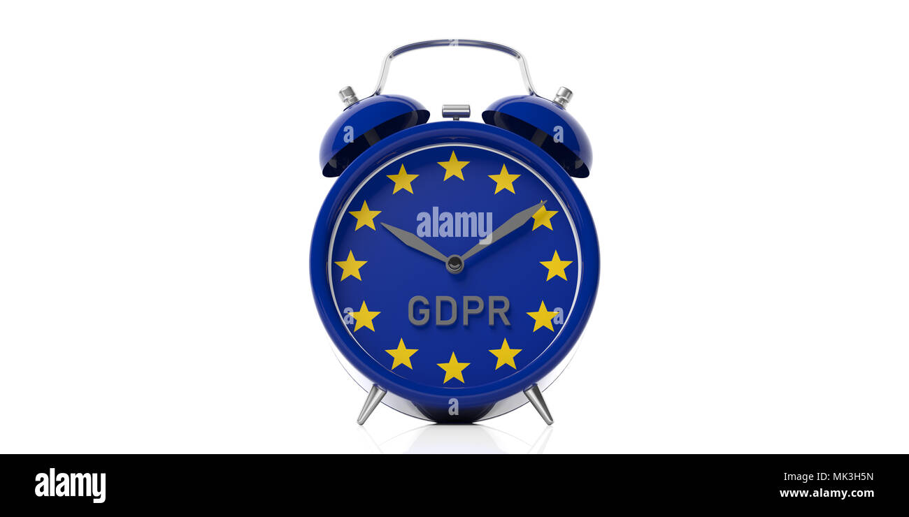 Tempo per la Ue generale della protezione dei dati il Regolamento. Il PILR e bandiera dell'Unione europea in una sveglia isolati su sfondo bianco. 3d illustrazione Foto Stock