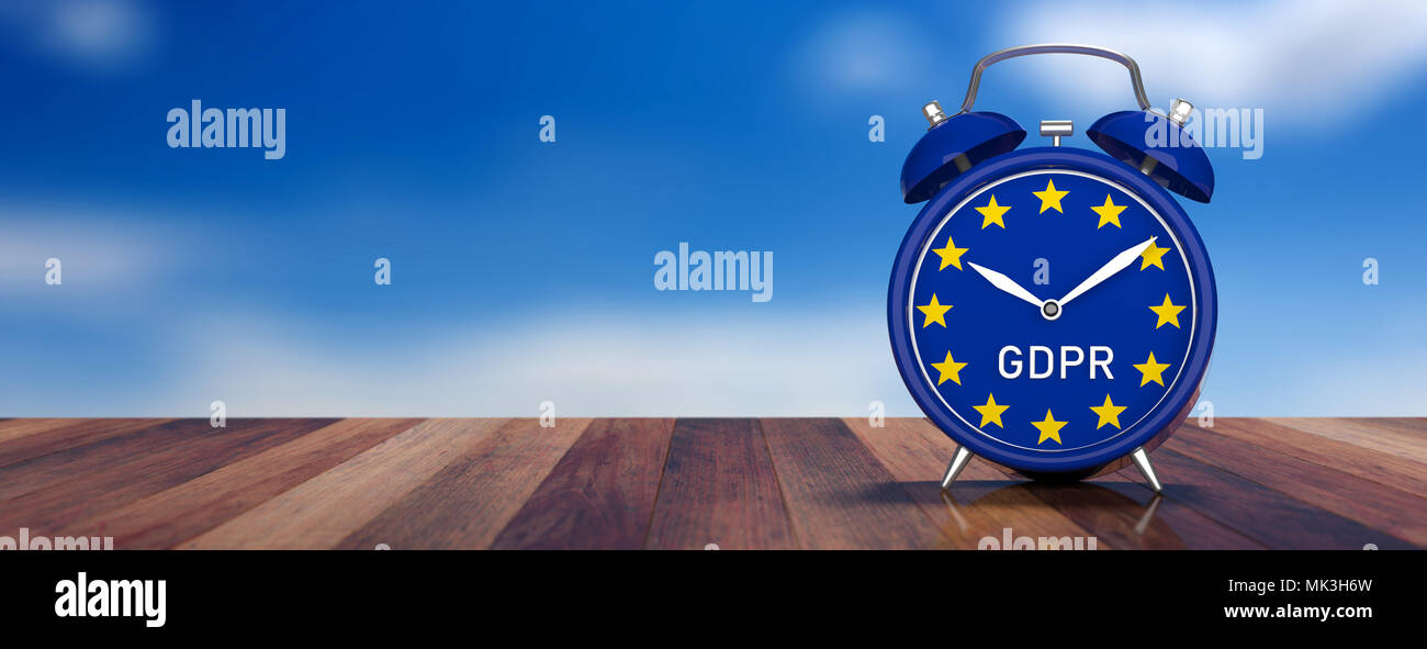 Tempo per la Ue generale della protezione dei dati il Regolamento. Orologio sveglia con il PILR su un ponte di legno, cielo blu di sfondo, banner, copia dello spazio. 3d illustrazione Foto Stock