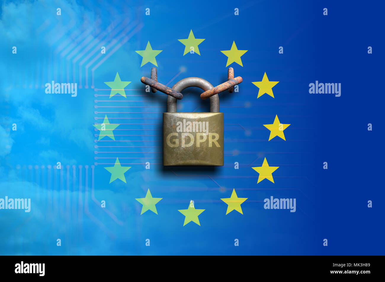 Unione Europea Generale della protezione dei dati il Regolamento. Il PILR lettere e un lucchetto sulla bandiera dell'Unione europea. 3d illustrazione Foto Stock