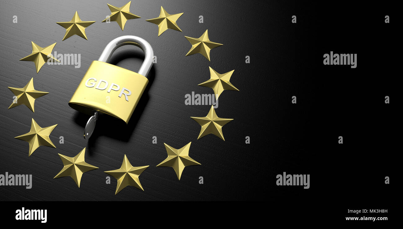 Unione Europea Generale della protezione dei dati il Regolamento. Il PILR su un lucchetto e un ue stelle nere su sfondo di legno, copia dello spazio. 3d illustrazione Foto Stock