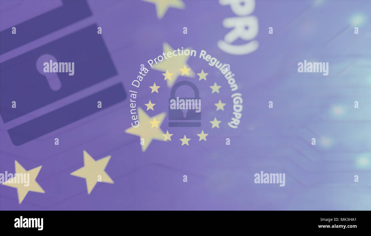 Il PILR UE. Generale sulla protezione dei dati del testo del regolamento sulla bandiera dell'Unione europea. 3d illustrazione Foto Stock