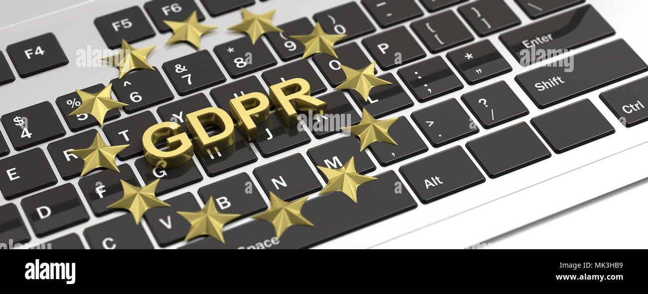 Unione Europea Generale della protezione dei dati il Regolamento. Il PILR e golden stelle dell'UE sul computer, laptop, banner. 3d illustrazione Foto Stock