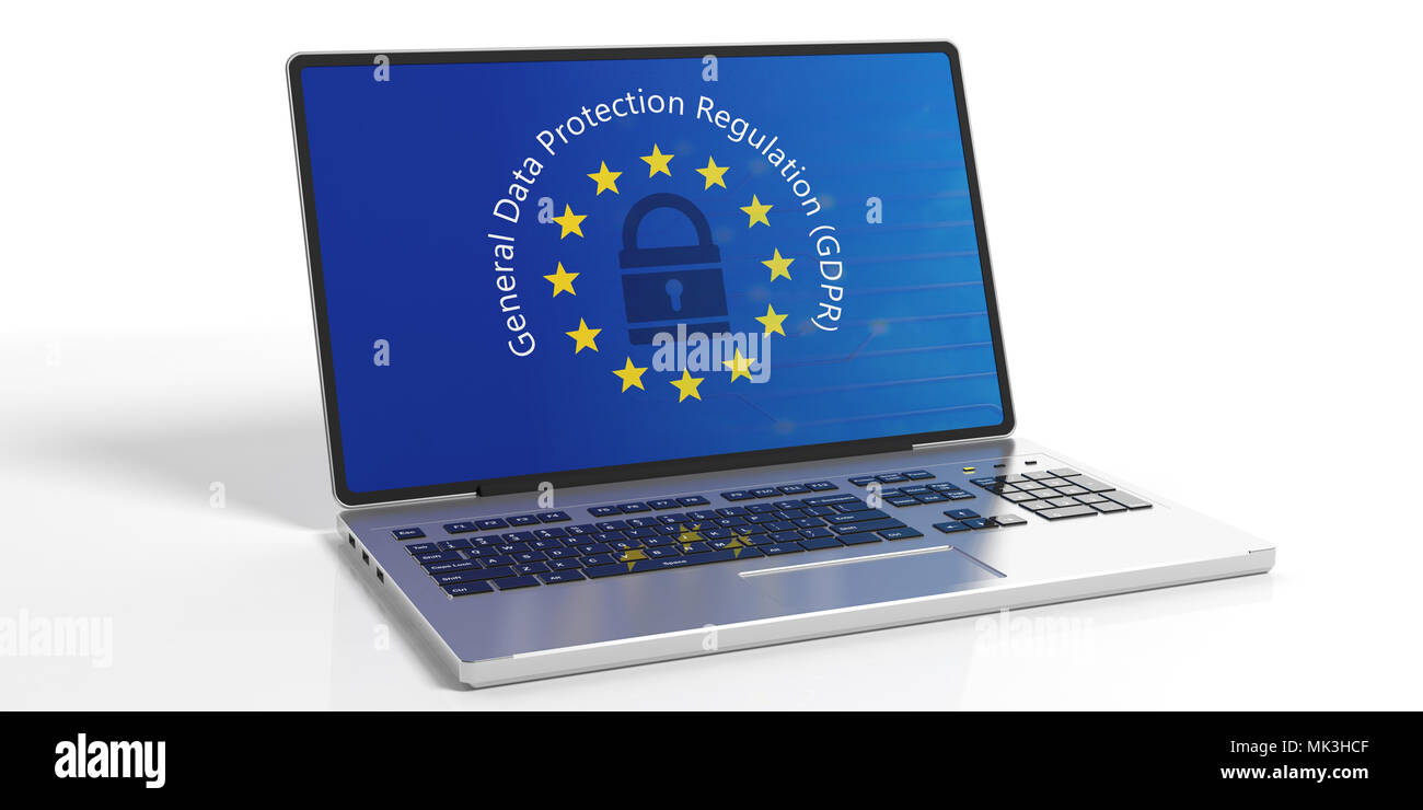 Il PILR UE. Computer con Dati Generali Regolamento di protezione e Unione europea bandiera isolati su sfondo bianco. 3d illustrazione Foto Stock