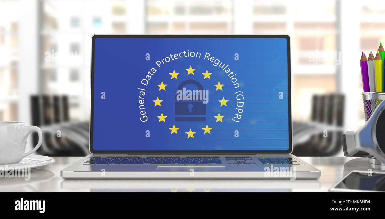 Il PILR UE. Schermo di computer con generale sulla protezione dei dati del testo del regolamento sulla bandiera dell'Unione europea, ufficio di sfocatura dello sfondo. 3d illustrazione Foto Stock