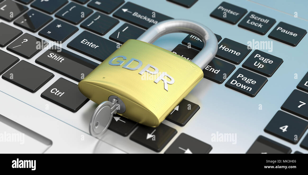 Unione Europea Generale della protezione dei dati il Regolamento. Il PILR e lucchetto sul computer portatile. 3d illustrazione Foto Stock