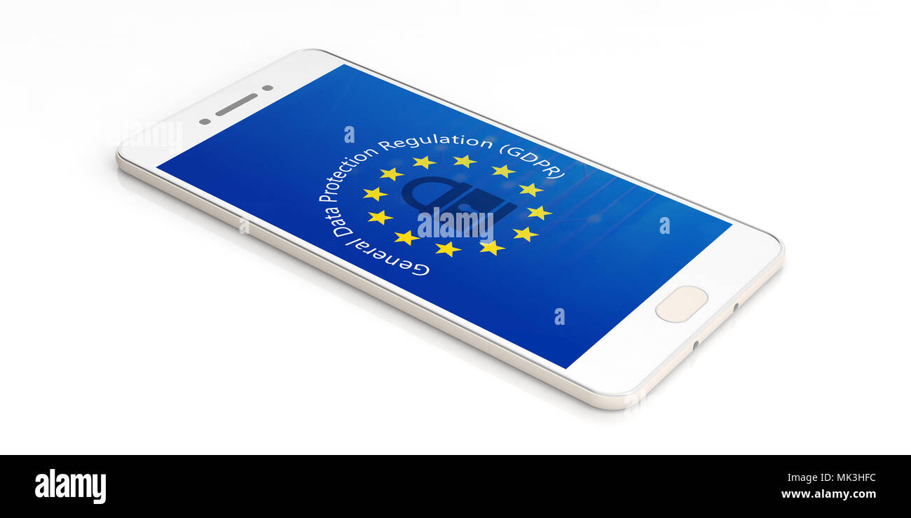 Il PILR UE. Smartphone con Dati Generali Regolamento di protezione e Unione europea bandiera isolati su sfondo bianco. 3d illustrazione Foto Stock