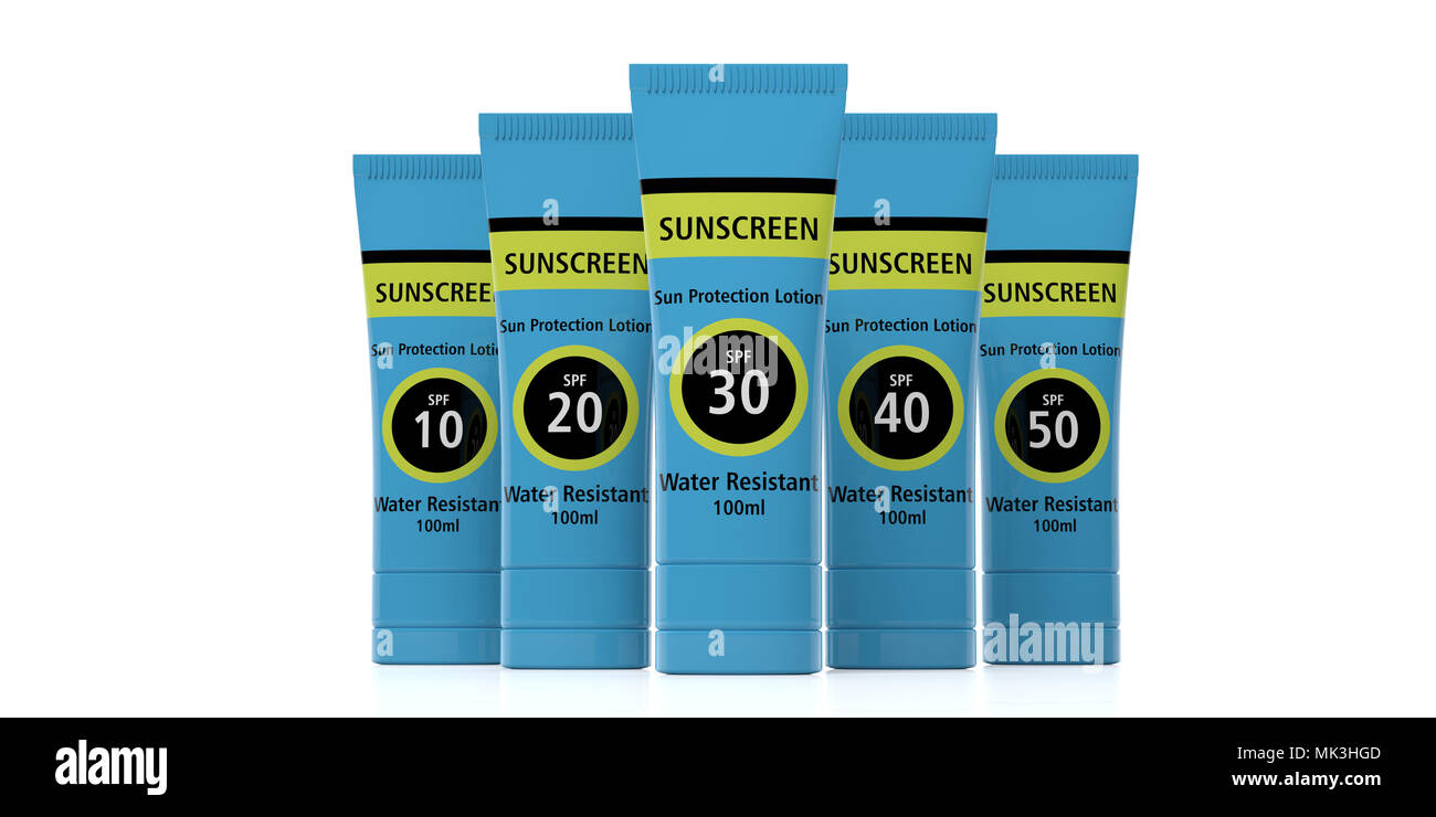 Sun tan protezione. Lozione protettiva per tubi, vari spf, isolati su sfondo bianco, vista frontale. 3d illustrazione Foto Stock