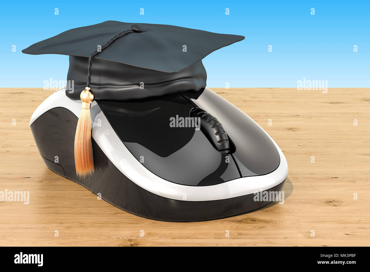 Online il concetto di istruzione, il mouse del computer con graduazione il tappo sul tavolo di legno. Il rendering 3D Foto Stock