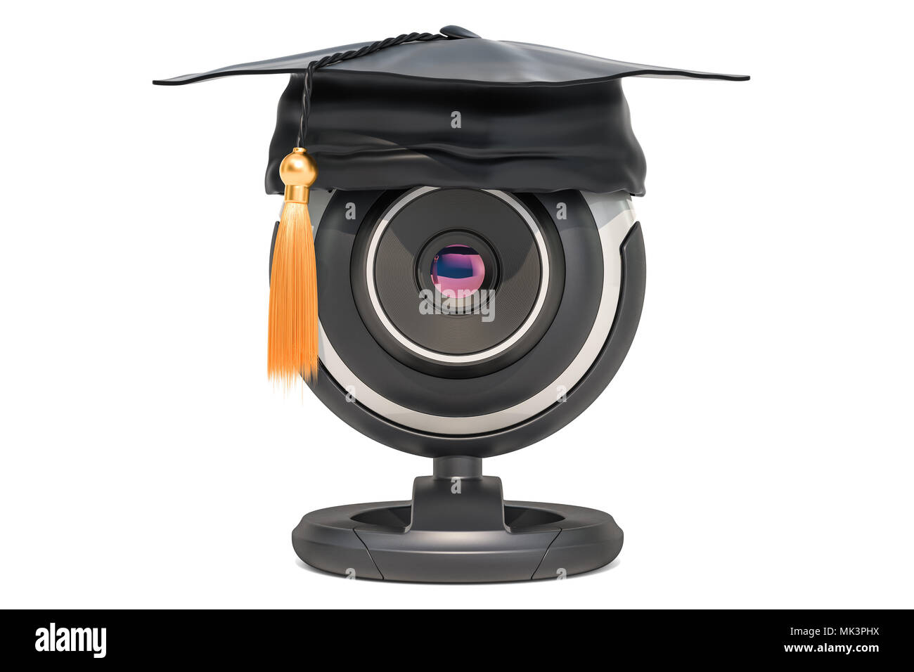 Online il concetto di istruzione, webcam con graduazione cap. Il rendering 3D Foto Stock