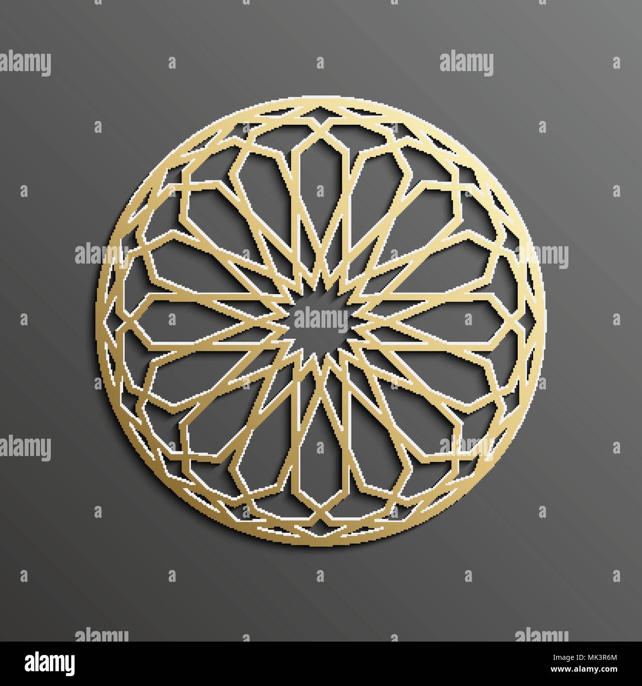 Mandala islamica 3d oro su sfondo scuro ornamento rotondo. Architettura texture musulmano . Brochure invito ,motivo persiano design. Illustrazione Vettoriale