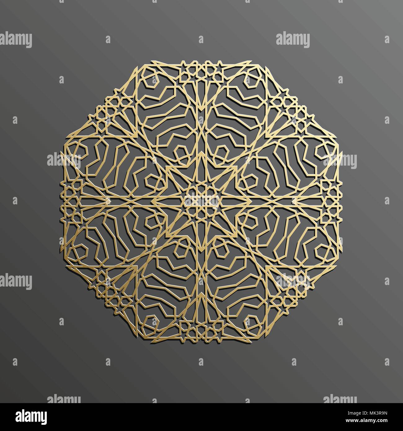 Mandala islamica 3d oro su sfondo scuro ornamento rotondo. Architettura texture musulmano . Brochure invito ,motivo persiano design. Illustrazione Vettoriale