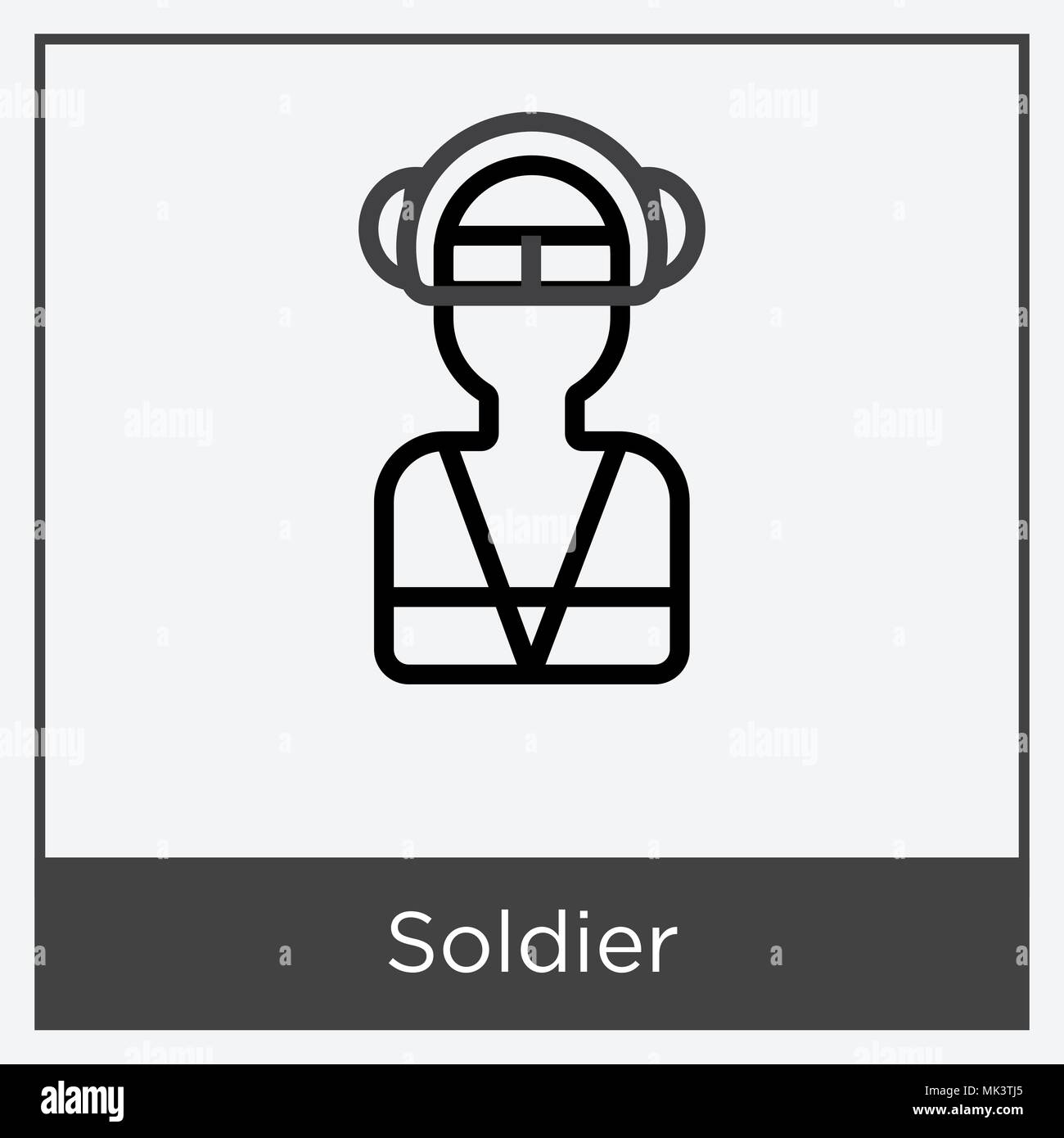 Icona del soldato isolato su sfondo bianco con telaio grigio, simbolo e segno Illustrazione Vettoriale