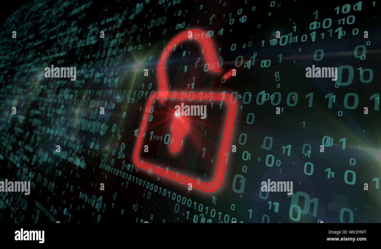 Cyber security concetto. Red icona a forma di lucchetto su sfondo digitale in 3D vista in prospettiva. Simbolo di protezione della tecnologia. Foto Stock