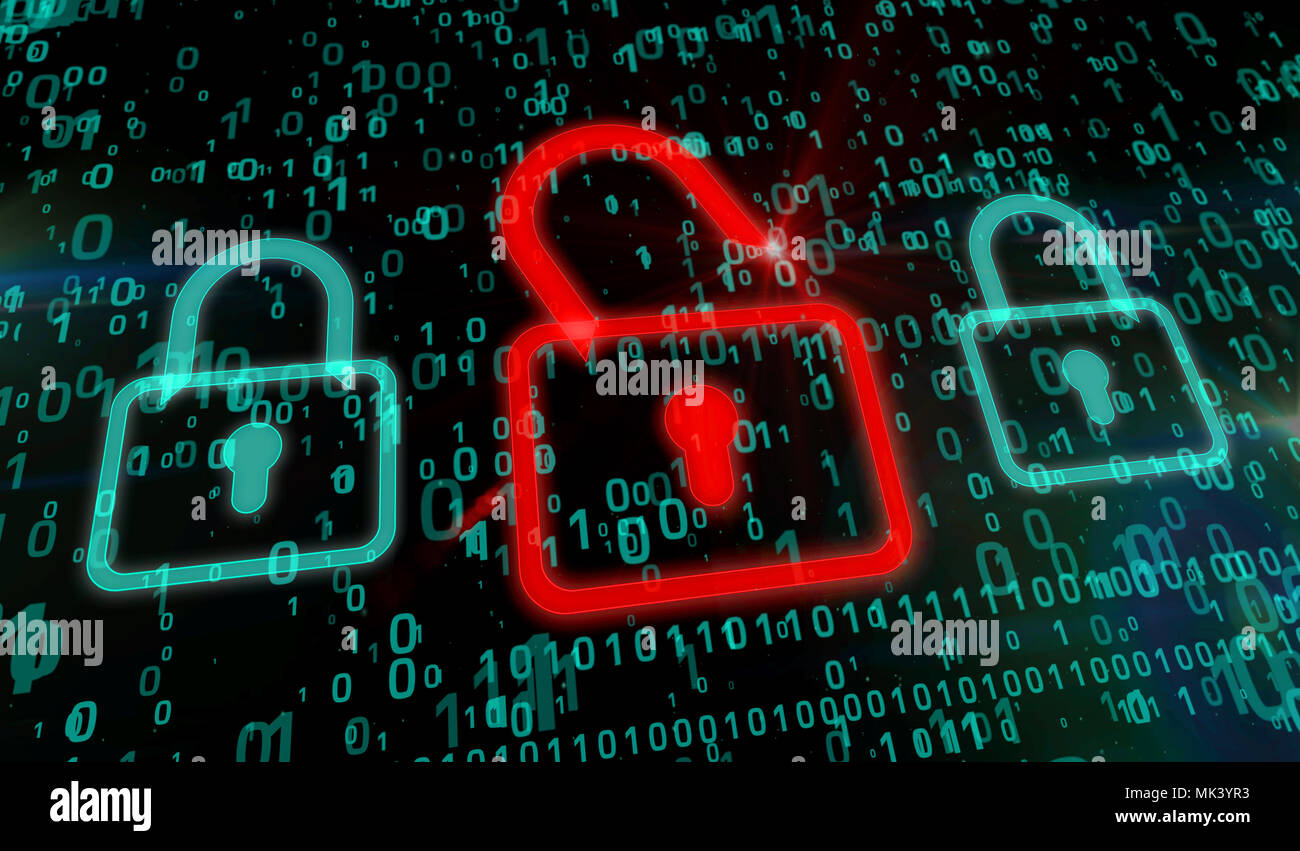 Cyber security concetto. Red icona a forma di lucchetto su sfondo digitale in 3D vista in prospettiva. Simbolo di protezione della tecnologia. Foto Stock