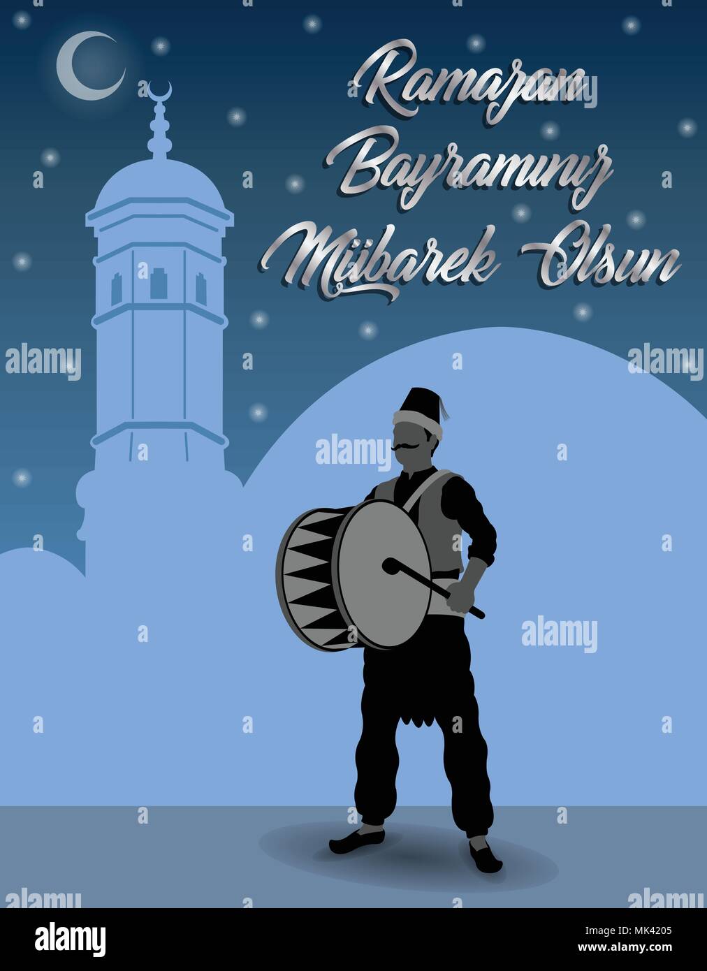 Bagno turco una pioggia di auguri con il Ramadan il batterista di fronte blu cielo. Tutti gli oggetti sono in diversi strati e i tipi di testo non è necessario alcun font. Illustrazione Vettoriale