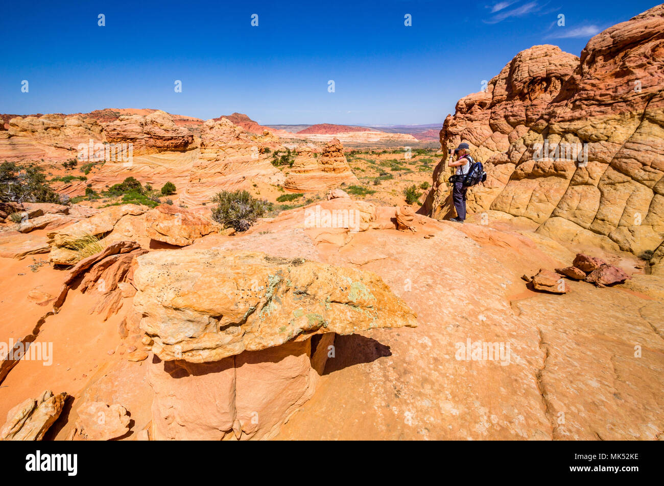 Fotografo femmina con pack fotografare colorate formazioni di pietra arenaria, Sud Coyote Buttes area, Vermiglio scogliere monumento nazionale, Arizona Foto Stock